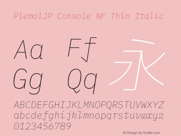 PlemolJP Console NF Thin Italic Version 1.0.0 ; ttfautohint (v1.8.3) -l 6 -r 45 -G 200 -x 14 -D latn -f none -a nnn -W -X 