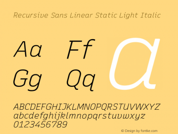 Recursive Sn Lnr St Lt Italic Version 1.081;hotconv 1.0.112;makeotfexe 2.5.65598; ttfautohint (v1.8.3)图片样张
