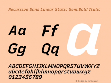 Recursive Sn Lnr St SmB Italic Version 1.081;hotconv 1.0.112;makeotfexe 2.5.65598; ttfautohint (v1.8.3)图片样张