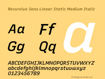 Recursive Sn Lnr St Med Italic Version 1.082;hotconv 1.0.112;makeotfexe 2.5.65598; ttfautohint (v1.8.3)图片样张