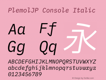 PlemolJP Console Italic Version 1.1.0 ; ttfautohint (v1.8.3) -l 6 -r 45 -G 200 -x 14 -D latn -f none -a nnn -W -X 