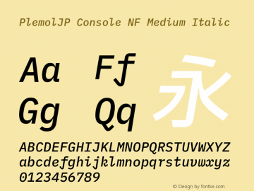 PlemolJP Console NF Medium Italic Version 1.1.0 ; ttfautohint (v1.8.3) -l 6 -r 45 -G 200 -x 14 -D latn -f none -a nnn -W -X 