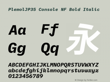 PlemolJP35 Console NF Bold Italic Version 1.2.0 ; ttfautohint (v1.8.3) -l 6 -r 45 -G 200 -x 14 -D latn -f none -a nnn -W -X 