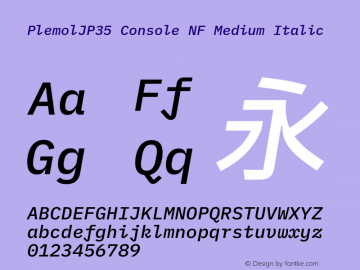 PlemolJP35 Console NF Medium Italic Version 1.2.0 ; ttfautohint (v1.8.3) -l 6 -r 45 -G 200 -x 14 -D latn -f none -a nnn -W -X 