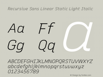 Recursive Sn Lnr St Lt Italic Version 1.084;hotconv 1.0.112;makeotfexe 2.5.65598; ttfautohint (v1.8.3)图片样张