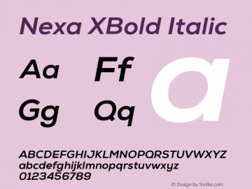 Nexa XBold Italic Bold Italic Version 1.000;PS 1.0;hotconv 1.0.72;makeotf.lib2.5.5900 DEVELOPMENT图片样张