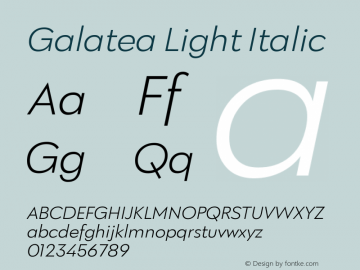 Galatea-LightItalic Version 1.000;PS 001.000;hotconv 1.0.88;makeotf.lib2.5.64775;com.myfonts.easy.fenotype.galatea.light-italic.wfkit2.version.5dkj图片样张