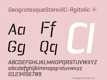 ☞GeogrotesqueStencil C Rg Italic Regular Version 2.000;PS 2.0;hotconv 1.0.72;makeotf.lib2.5.5900;com.myfonts.easy.emtype.geogrotesque-stencil-italic.c-regular.wfkit2.version.4mPN图片样张