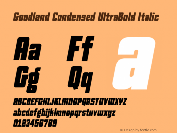 Goodland Condensed UltraBold Italic Version 1.000;hotconv 1.0.109;makeotfexe 2.5.65596图片样张