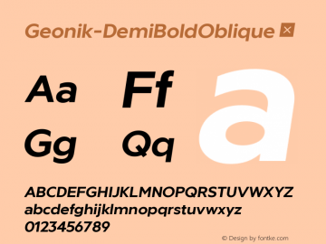 ☞Geonik DemiBold Oblique 1.0; ttfautohint (v1.5);com.myfonts.easy.ckhans-fonts.geonik.demi-bold-oblique.wfkit2.version.5JBR图片样张