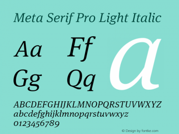 Meta Serif Pro Light Italic Version 7.600, build 1030, FoPs, FL 5.04图片样张