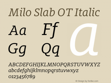 Milo Slab OT Italic Version 7.600, build 1028, FoPs, FL 5.04图片样张