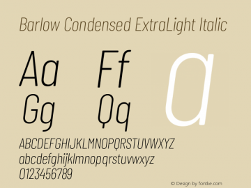 Barlow Condensed ExtraLight Italic Version 1.422;hotconv 1.0.109;makeotfexe 2.5.65596图片样张