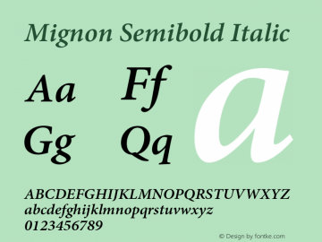 Mignon Semibold Italic Version 2.030;PS 2.000;hotconv 1.0.51;makeotf.lib2.0.18671 Font Sample