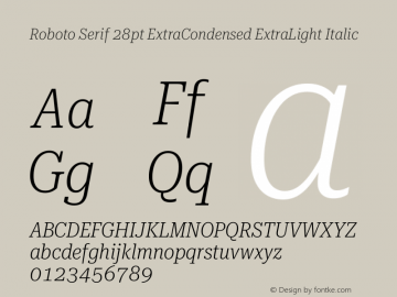 Roboto Serif 28pt ExtraCondensed ExtraLight Italic Version 1.004图片样张