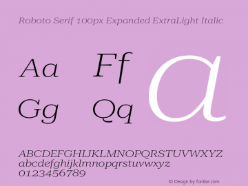 Roboto Serif 100px Expanded ExtraLight Italic Version 1.003图片样张
