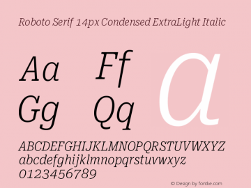 Roboto Serif 14px Condensed ExtraLight Italic Version 1.004图片样张