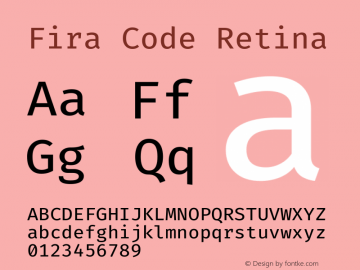 Fira Code Retina Version 6.000; ttfautohint (v1.8.2) -l 8 -r 50 -G 200 -x 14 -D latn -f none -a nnn -c -X 
