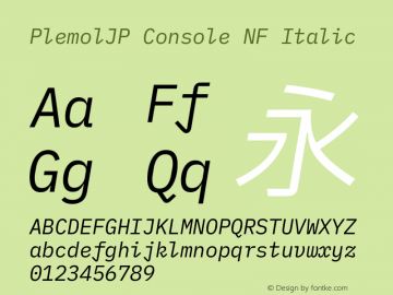 PlemolJP Console NF Italic Version 1.2.3 ; ttfautohint (v1.8.3) -l 6 -r 45 -G 200 -x 14 -D latn -f none -a nnn -W -X 