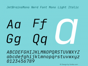 JetBrains Mono Light Italic Nerd Font Complete Mono Version 2.242; ttfautohint (v1.8.3);Nerd Fonts 2.2.0-RC图片样张