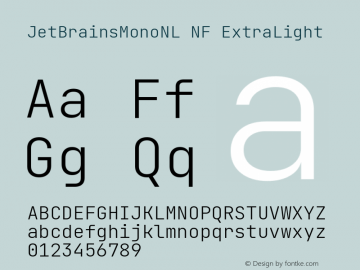 JetBrains Mono NL ExtraLight Nerd Font Complete Windows Compatible Version 2.242; ttfautohint (v1.8.3);Nerd Fonts 2.2.0-RC图片样张