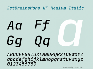 JetBrains Mono Medium Italic Nerd Font Complete Windows Compatible Version 2.242; ttfautohint (v1.8.3);Nerd Fonts 2.2.0-RC图片样张