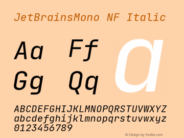 JetBrains Mono Italic Nerd Font Complete Mono Windows Compatible Version 2.242; ttfautohint (v1.8.3);Nerd Fonts 2.2.0-RC图片样张