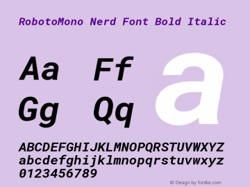 Roboto Mono Bold Italic Nerd Font Complete Version 2.000986; 2015; ttfautohint (v1.3);Nerd Fonts 2.1.0图片样张