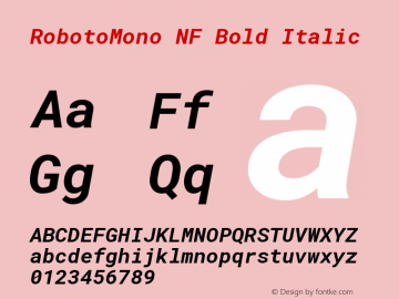 Roboto Mono Bold Italic Nerd Font Complete Windows Compatible Version 2.000986; 2015; ttfautohint (v1.3);Nerd Fonts 2.1.0图片样张