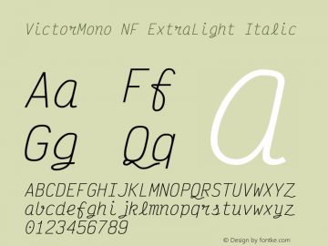 Victor Mono ExtraLight Italic Nerd Font Complete Mono Windows Compatible Version 1.410;Nerd Fonts 2.1.0图片样张