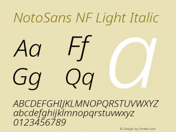 Noto Sans Light Italic Nerd Font Complete Windows Compatible Version 2.000;GOOG;noto-source:20170915:90ef993387c0; ttfautohint (v1.7);Nerd Fonts 2.1.0图片样张