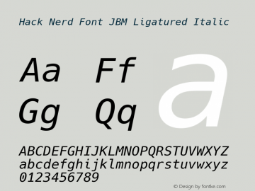 Hack Nerd Font JBM Ligatured Italic Version 3.003;[3114f1256]-release; ttfautohint (v1.7) -l 6 -r 50 -G 200 -x 10 -H 145 -D latn -f latn -m 