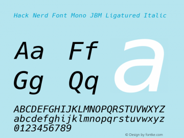 Hack Nerd Font Mono JBM Ligatured Italic Version 3.003;[3114f1256]-release; ttfautohint (v1.7) -l 6 -r 50 -G 200 -x 10 -H 145 -D latn -f latn -m 