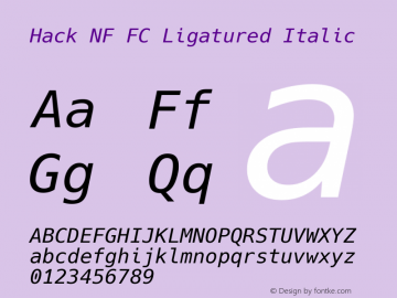 Hack NF FC Ligatured Italic Version 3.003;[3114f1256]-release; ttfautohint (v1.7) -l 6 -r 50 -G 200 -x 10 -H 145 -D latn -f latn -m 