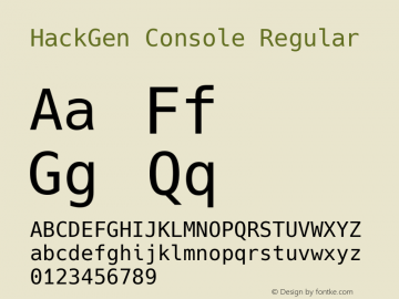 HackGen Console Regular Version 2.6.0 ; ttfautohint (v1.8.3) -l 6 -r 45 -G 200 -x 14 -D latn -f none -m 