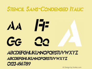 Stencil Sans-Condensed Italic Macromedia Fontographer 4.1 9/26/96 Font Sample