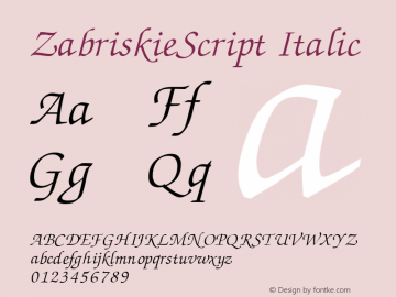 ZabriskieScript Italic Version 1.0 20-10-2002 Font Sample