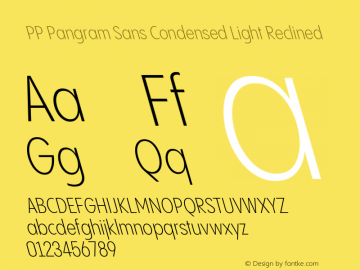 PP Pangram Sans Condensed Light Reclined Version 2.000 | FøM Fix图片样张