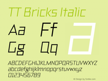 TT Bricks Italic Version 1.010; ttfautohint (v1.5) -l 8 -r 50 -G 0 -x 0 -D latn -f none -m 