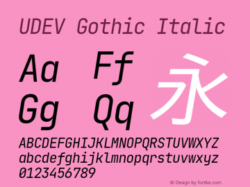 UDEV Gothic Italic 1.0.0; ttfautohint (v1.8.4.7-5d5b) -l 6 -r 45 -G 200 -x 14 -D latn -f none -a nnn -W -S -X 
