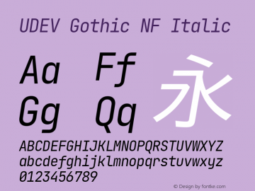 UDEV Gothic NF Italic 1.0.0; ttfautohint (v1.8.4.7-5d5b) -l 6 -r 45 -G 200 -x 14 -D latn -f none -a nnn -W -S -X 