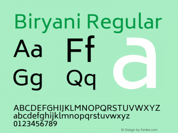 Biryani Regular Version 1.004; ttfautohint (v1.1) -l 5 -r 5 -G 72 -x 0 -D latn -f none -w gGD -W -c图片样张