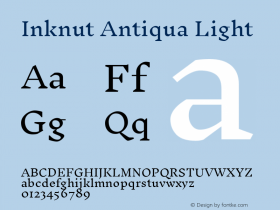 Inknut Antiqua Light Version 1.003; ttfautohint (v1.8.2) -l 8 -r 50 -G 200 -x 14 -D latn -f none -a qsq -W -X 