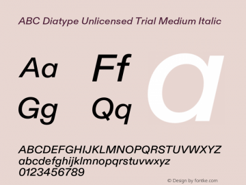 ABC Diatype Unlicensed Trial Medium Italic Version 1.100;Unlicensed Trial图片样张