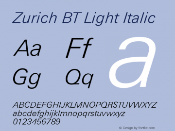Zurich Lt BT Light Italic Version 1.03图片样张