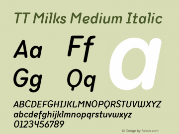TT Milks Medium Italic Version 1.000; ttfautohint (v1.5) -l 8 -r 50 -G 0 -x 0 -D latn -f cyrl -m 