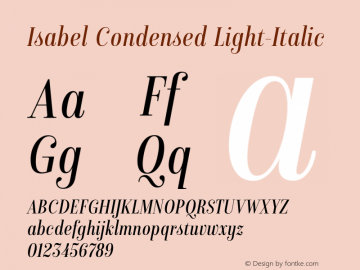 Isabel Condensed Light-Italic Version 1.000;PS 001.000;hotconv 1.0.88;makeotf.lib2.5.64775图片样张
