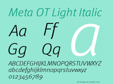 Meta OT Light Italic Version 7.600, build 1027, FoPs, FL 5.04图片样张