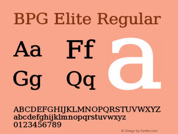 BPG Elite Regular Version 2.0; 2006; initial release Font Sample