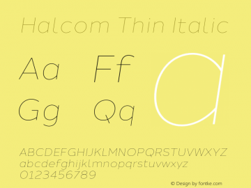 Halcom Thin Italic Version 1.000;PS 001.000;hotconv 1.0.70;makeotf.lib2.5.58329图片样张